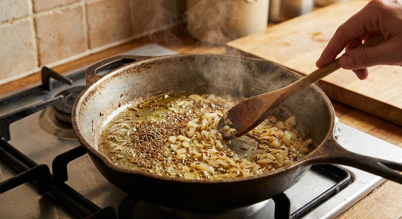 Cumin seeds sizzling in oil with chopped onions in a large skillet on a stovetop