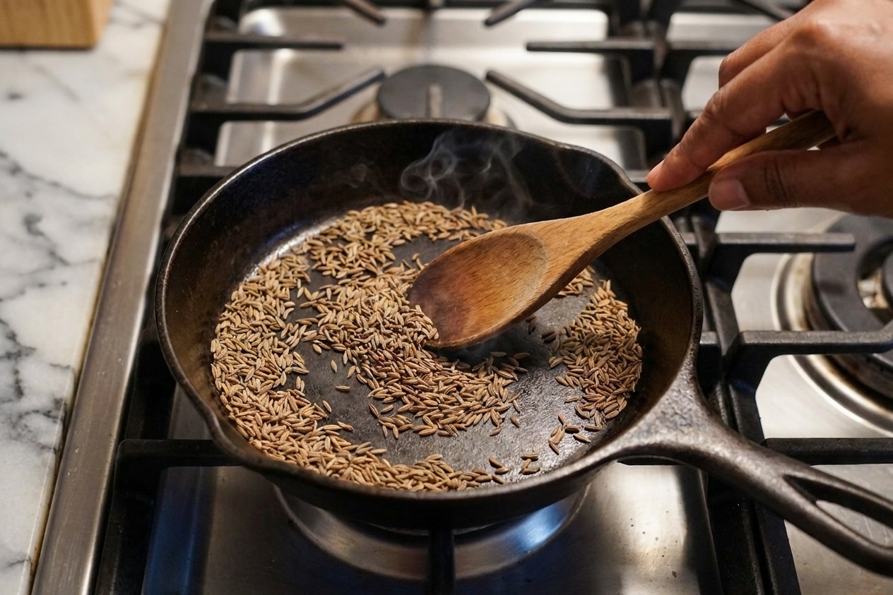Cumin seeds toasting in a small dry skillet on a stovetop, just beginning to darken