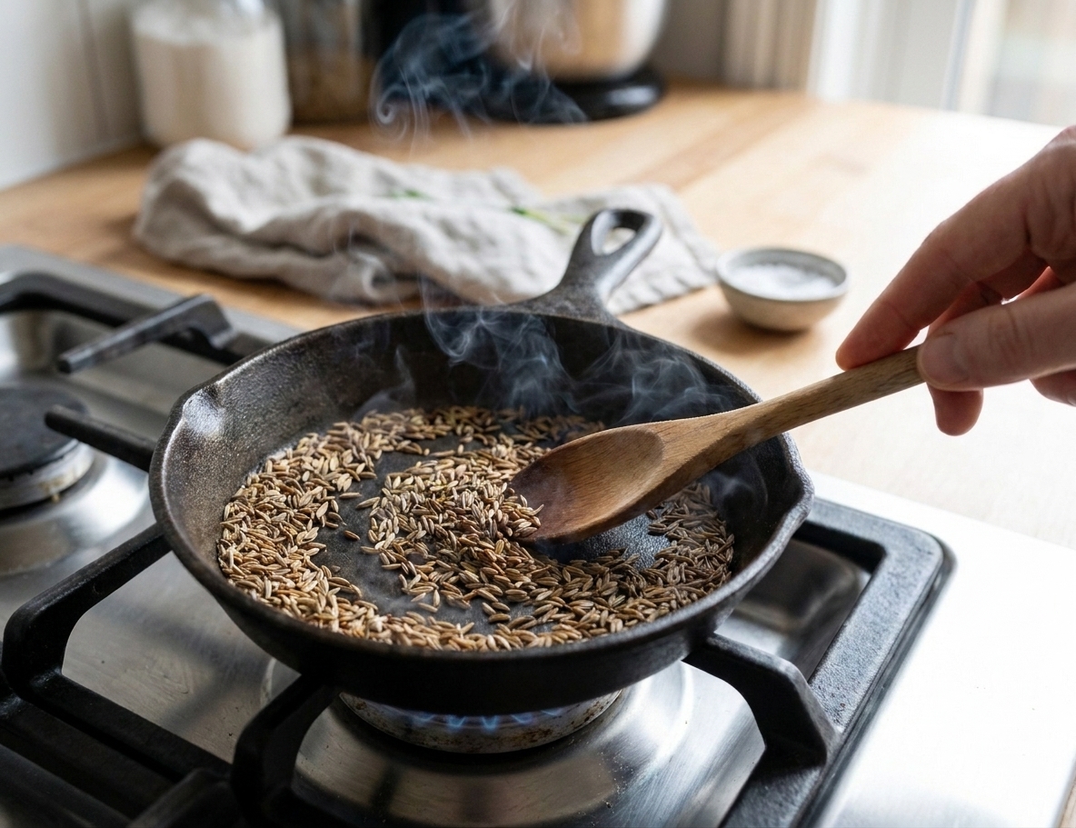 Cumin seeds toasting in a small skillet on a stovetop, just starting to darken