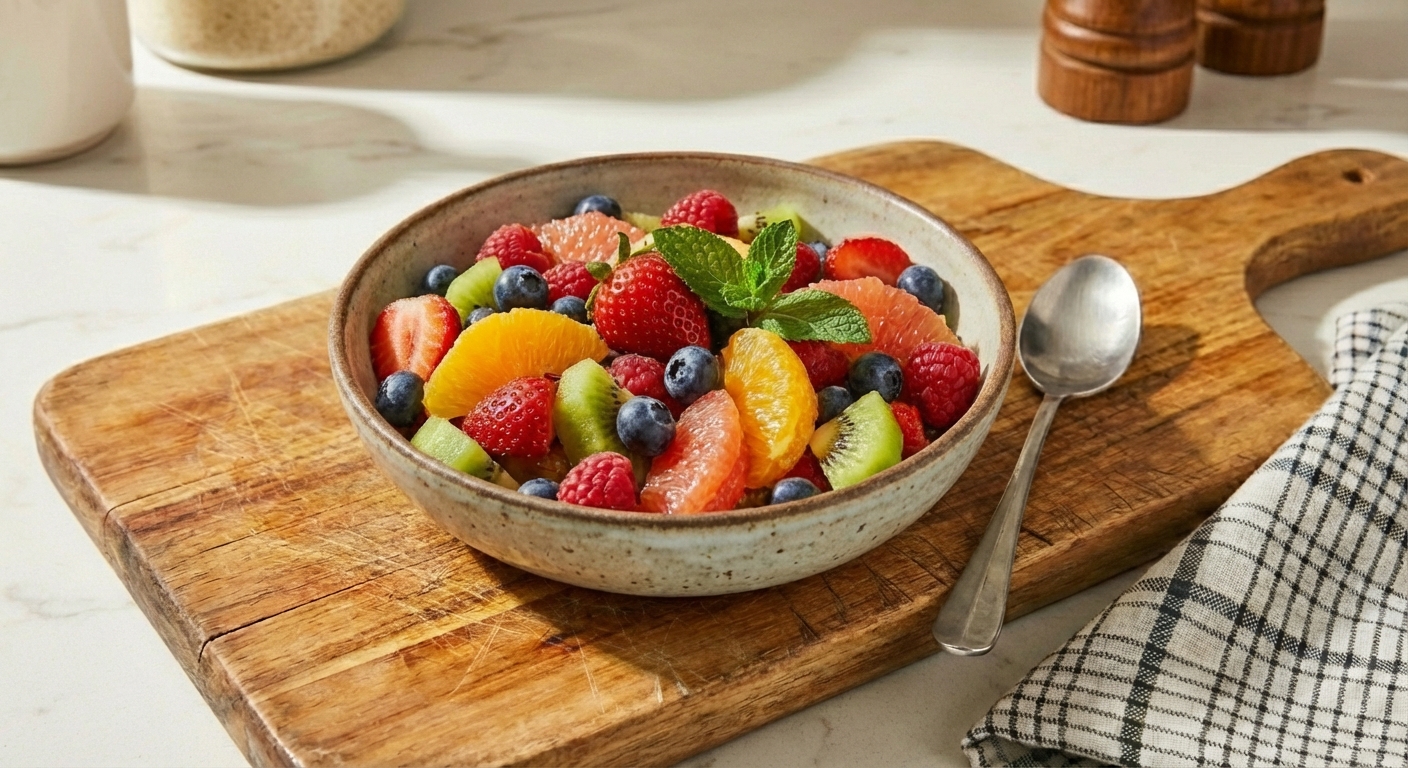 Cup of fresh fruit salad with berries and citrus