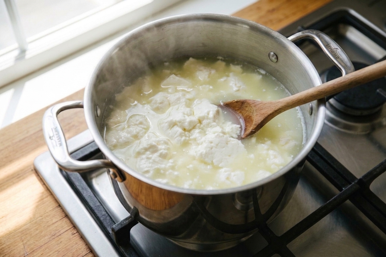 Curds forming in hot milk as the mixture separates into white curds and pale yellow whey in a pot
