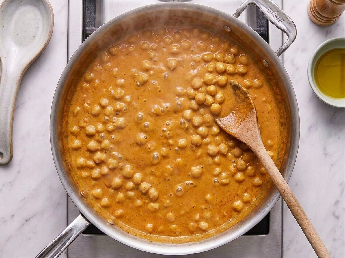 Curry garbanzo beans simmering in a creamy orange sauce in a wide skillet with small bubbles breaking the surface