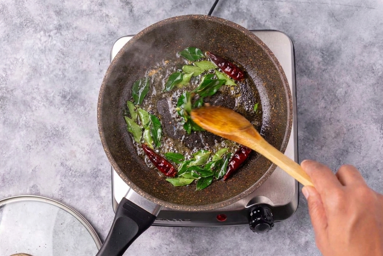 Curry leaves and dried red chiles sizzling in hot oil with mustard seeds in a small pan on the stove