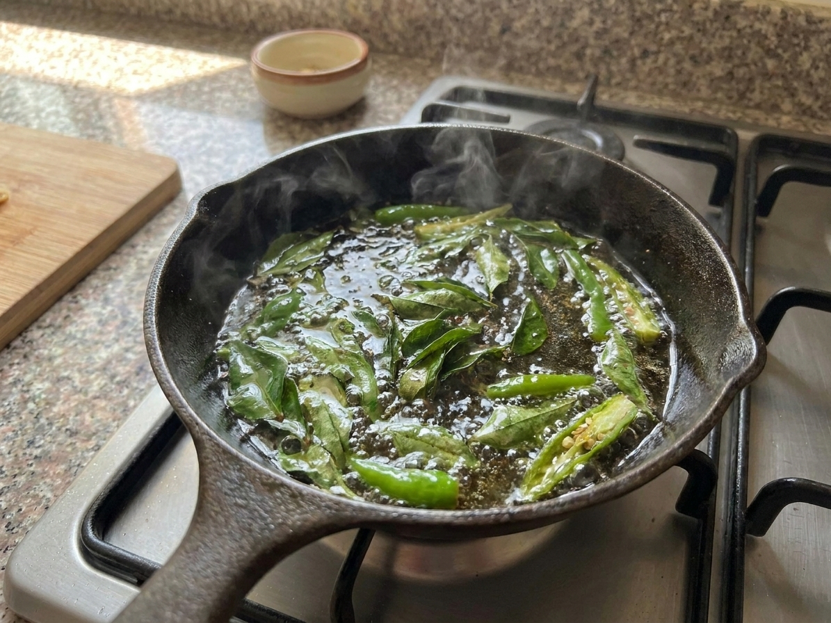 Curry leaves and green chiles sizzling in oil in a small skillet on a stovetop