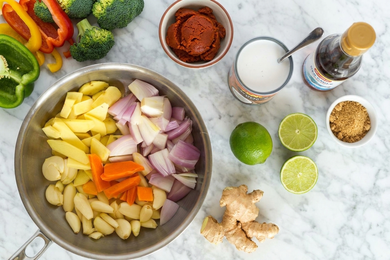 Curry paste, coconut milk, fish sauce, brown sugar, lime, garlic, ginger, and sliced vegetables arranged on a light stone kitchen counter