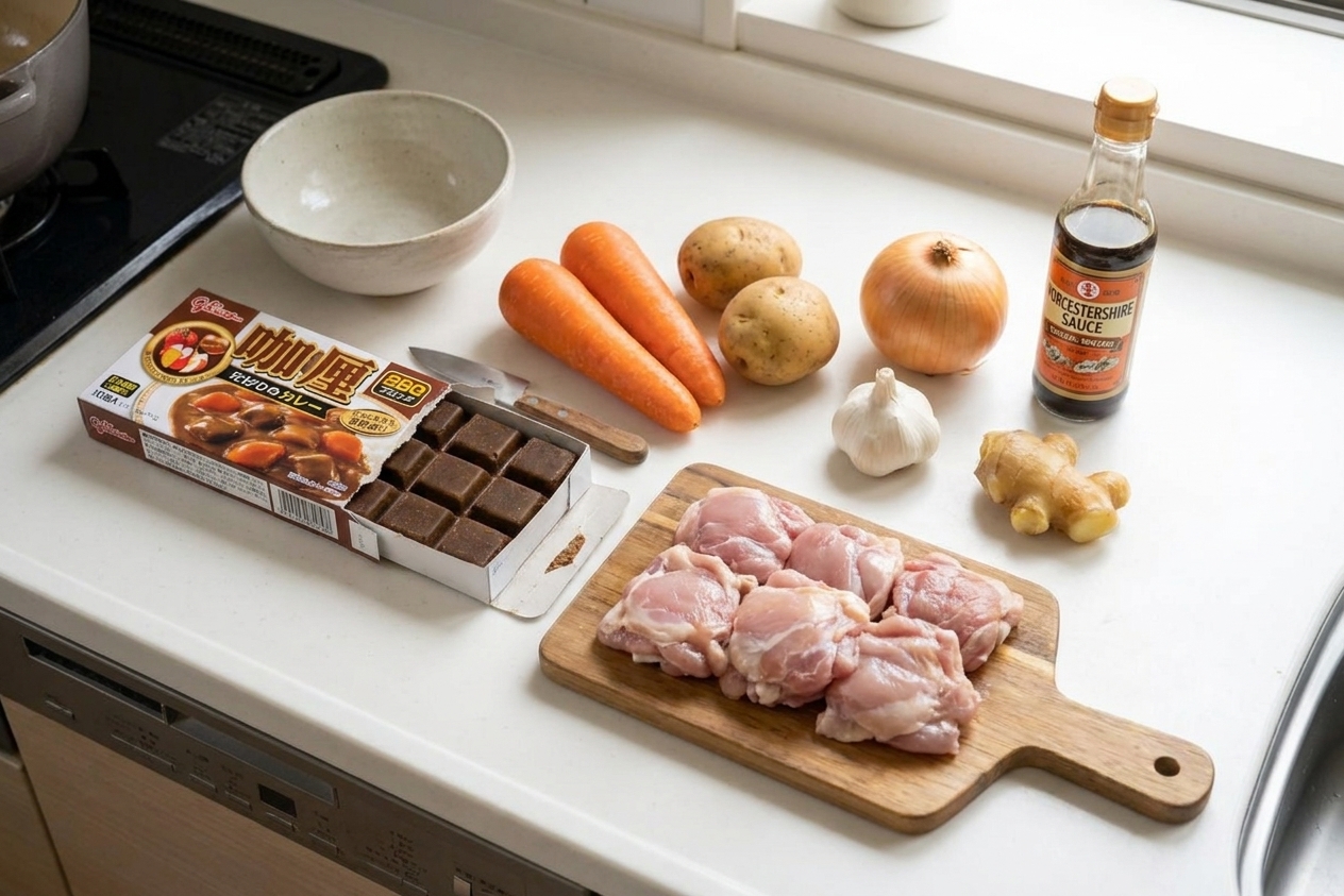 Curry roux blocks, chicken thighs, carrots, potatoes, onion, garlic, ginger, and a bottle of Worcestershire sauce arranged on a bright kitchen counter