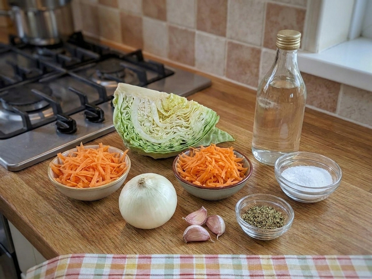 Curtido ingredients arranged on a kitchen counter: cabbage, carrots, onion, garlic, oregano, vinegar, and salt