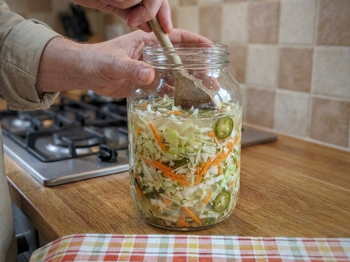 Curtido vegetables packed into a clear glass jar with brine visible around the cabbage and carrots