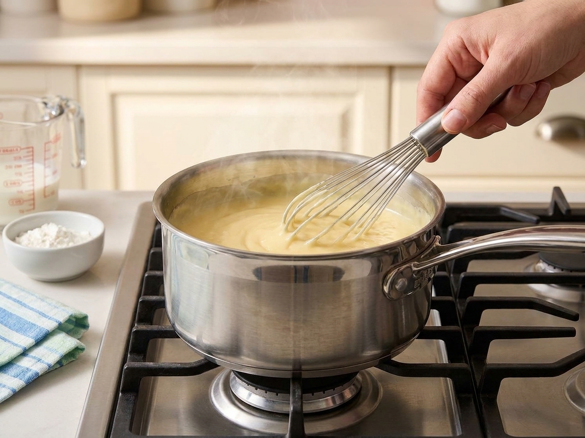 Custard being whisked in a stainless steel saucepan on a stovetop as it thickens and steam rises