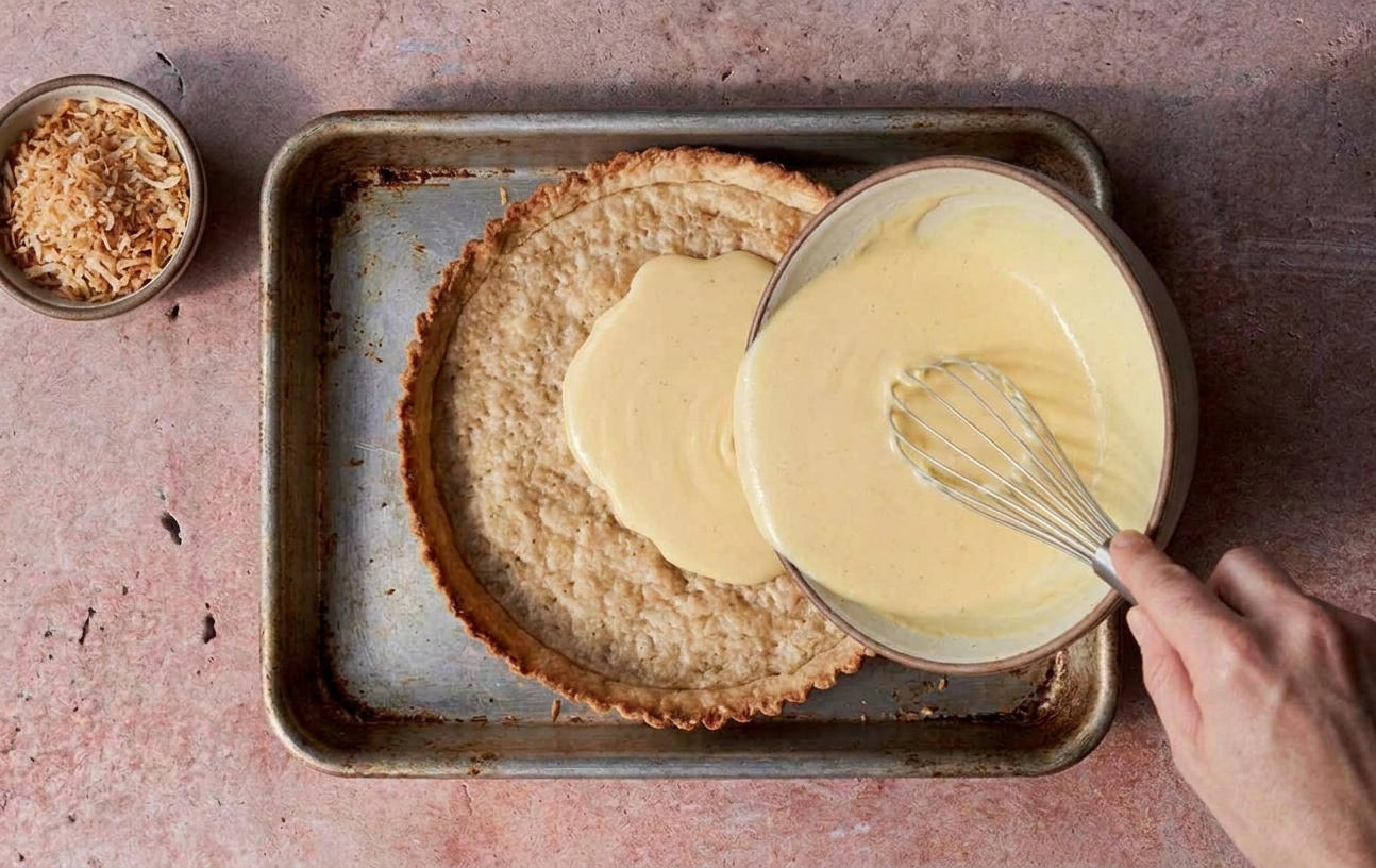 Custard filling being poured into a par-baked pie crust set on a baking sheet, with shredded coconut nearby