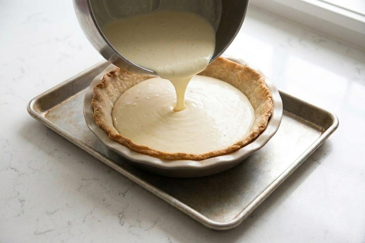 Custard mixture being poured from a bowl into a par-baked pie crust set on a baking sheet