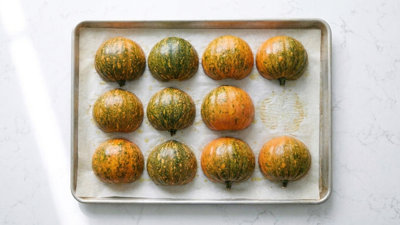 Custard squash halves arranged cut-side down on a parchment-lined sheet pan before roasting