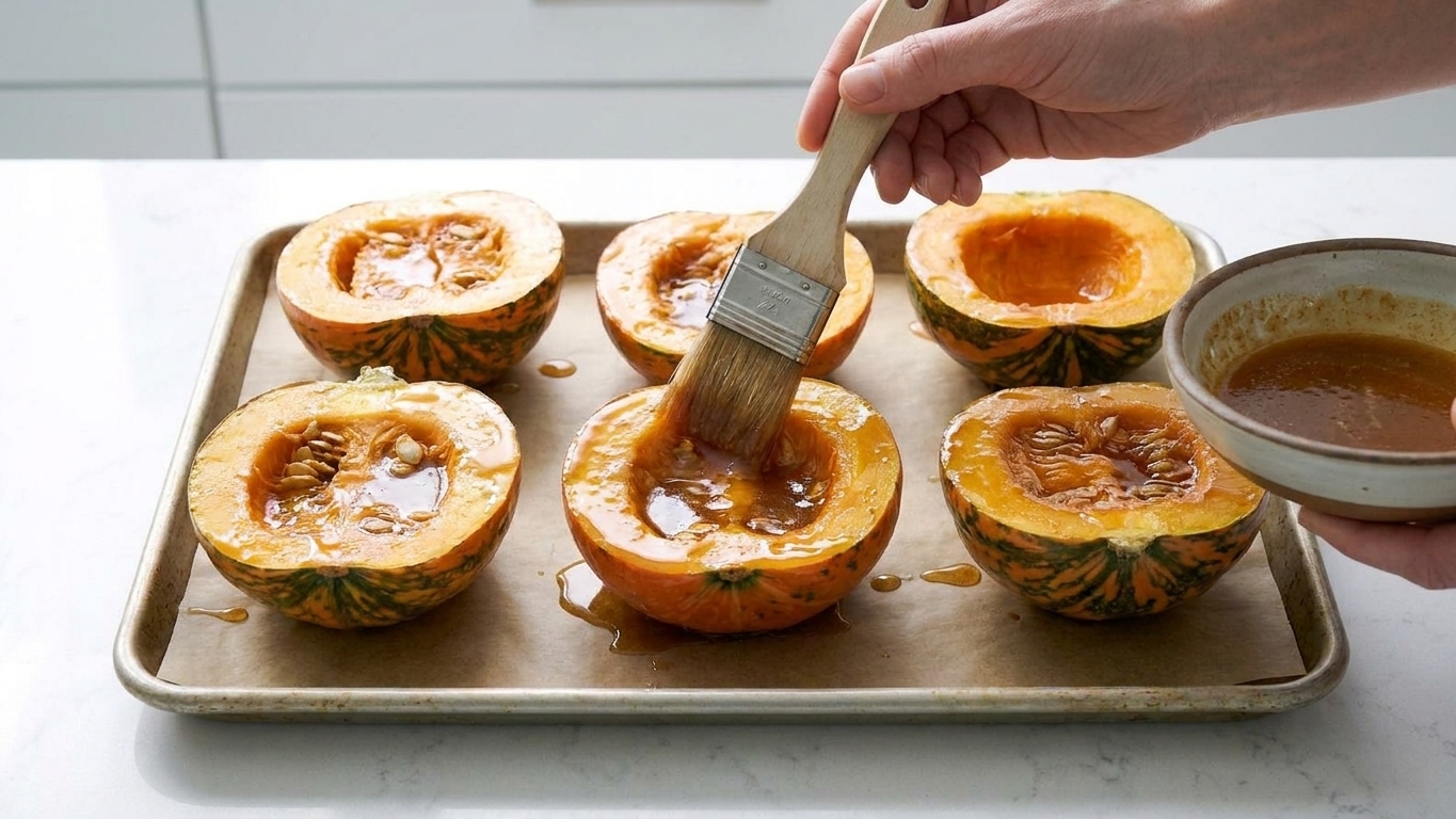 Custard squash halves roasting cut-side up on a sheet pan, brushed with maple butter glaze