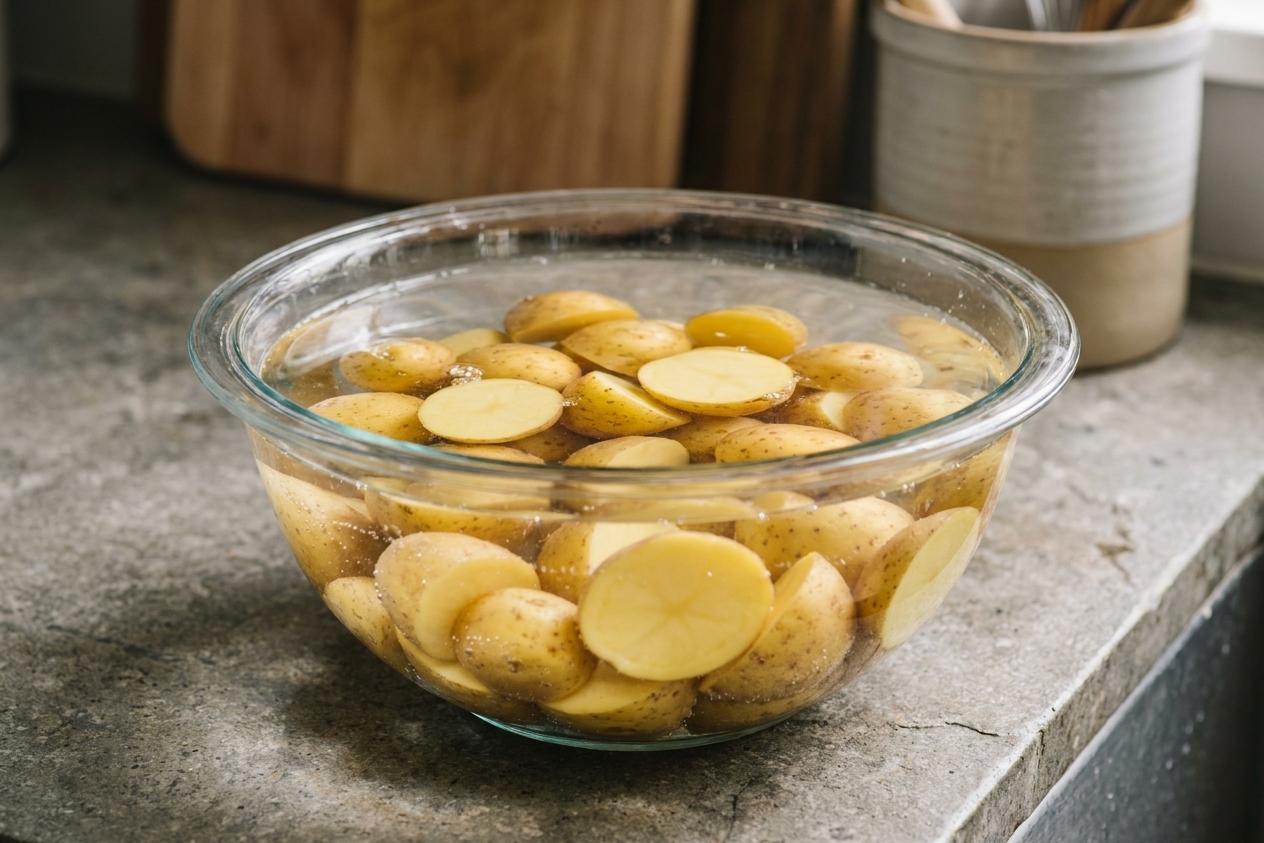 Cut baby potatoes soaking in a clear glass bowl of cold water on a kitchen counter