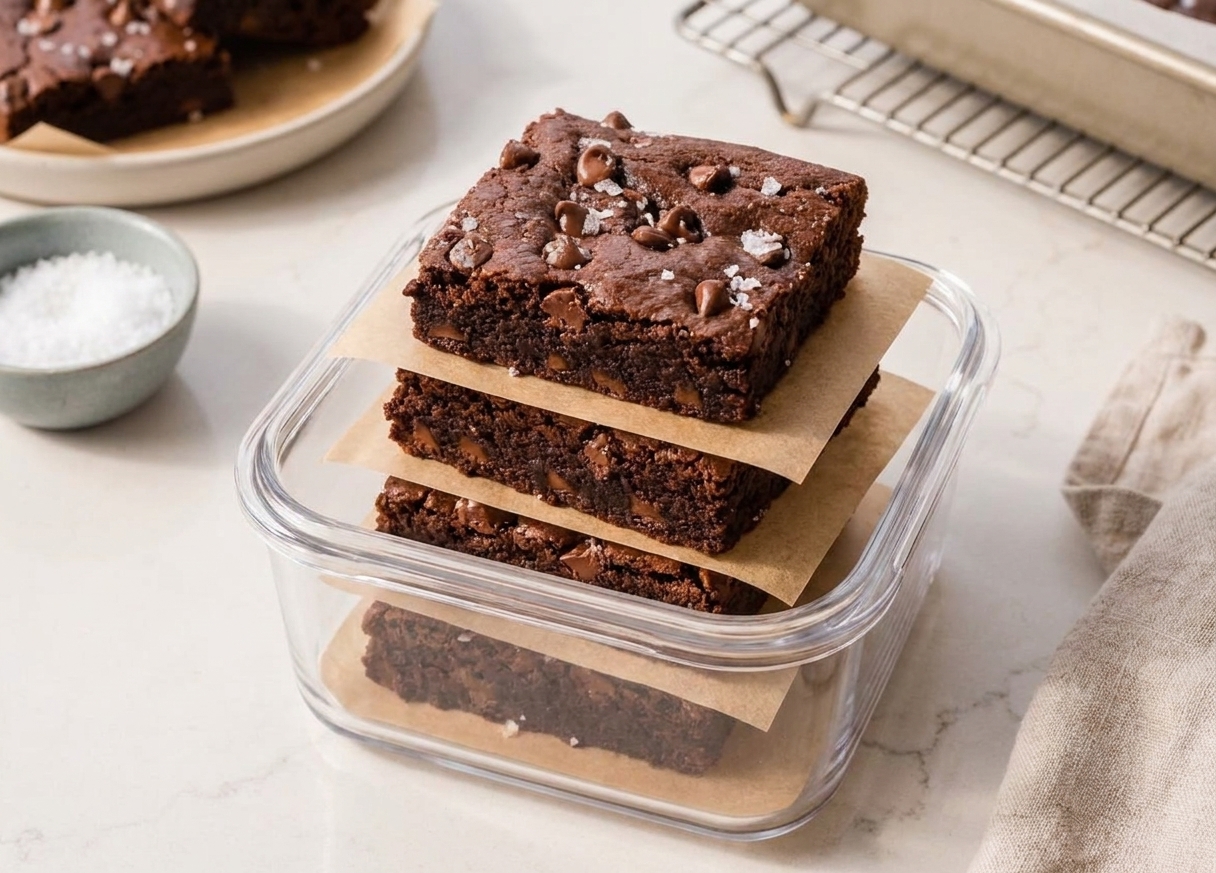 Cut brownie squares stacked in an airtight container with parchment paper between layers on a kitchen counter