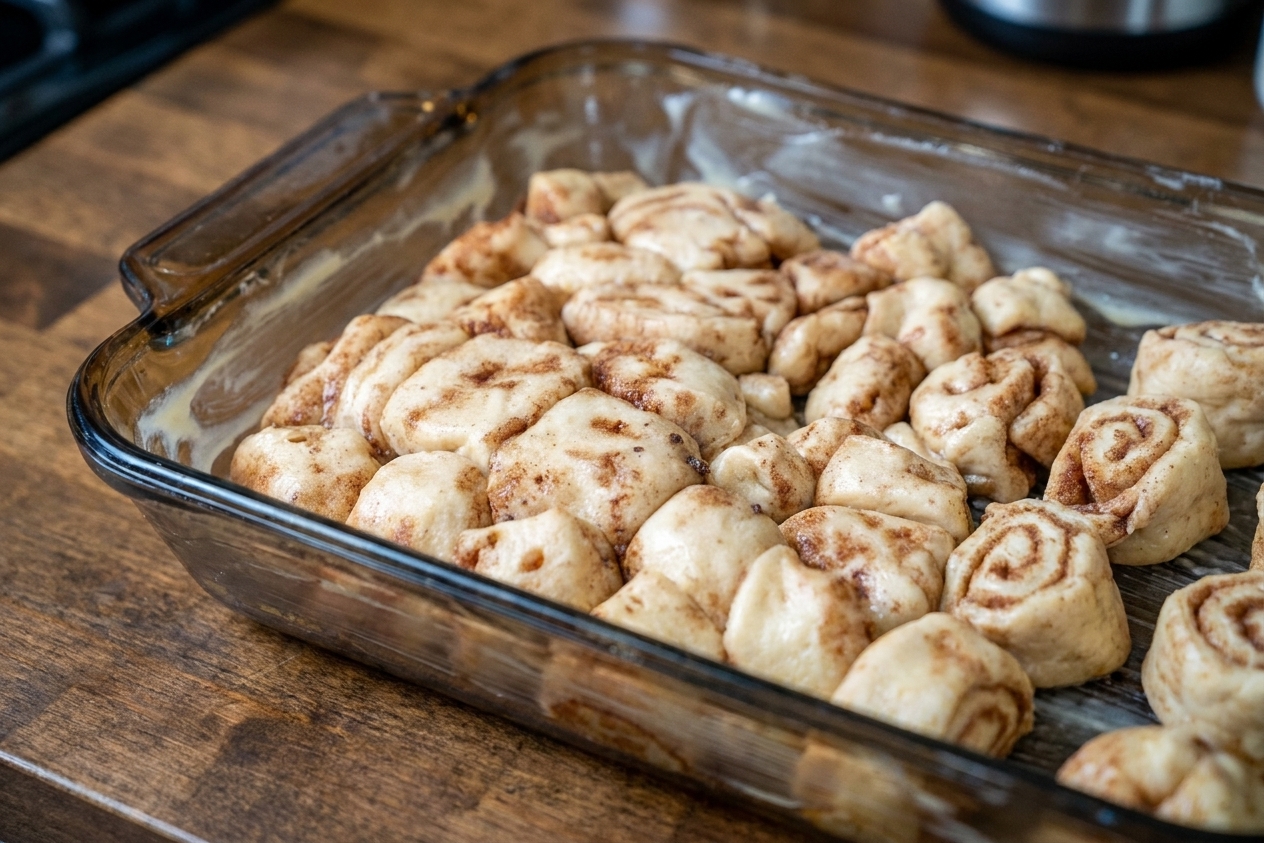 Cut cinnamon roll pieces scattered evenly in a greased 9x13-inch baking dish on a kitchen counter