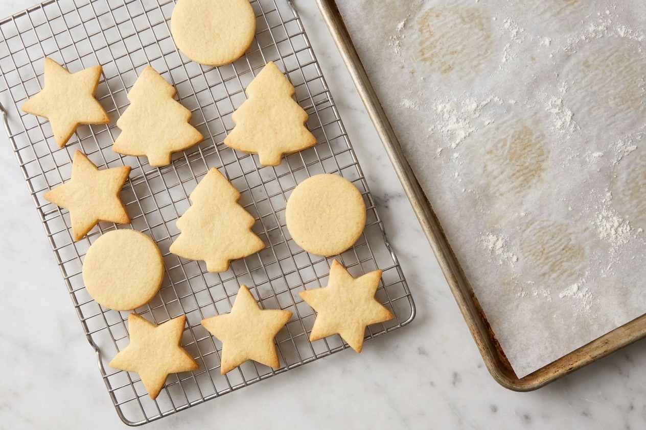 Cut-out sugar cookies cooling on a wire rack beside a parchment-lined baking sheet on a kitchen counter