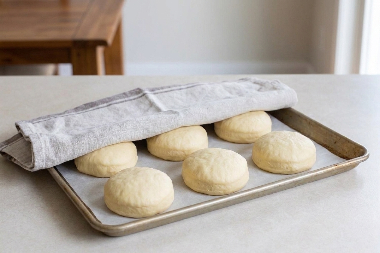Cut paczki dough rounds proofing on a parchment-lined sheet pan under a clean towel