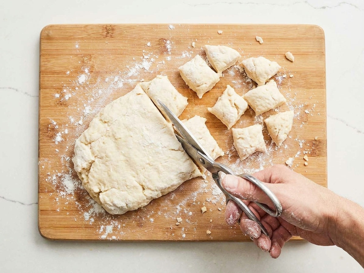 Cut pieces of biscuit dough on a cutting board next to kitchen shears and a floured hand