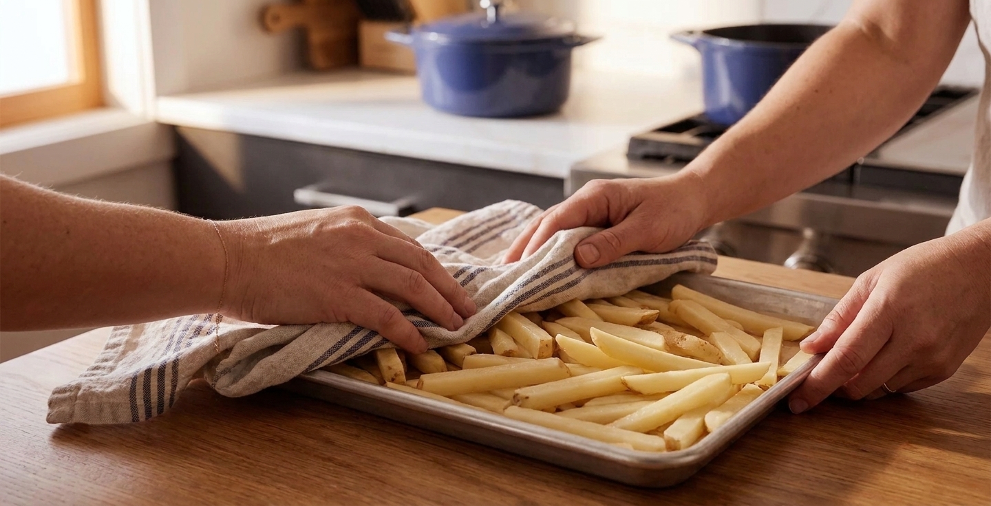 Cut potato sticks being dried thoroughly with a clean kitchen towel on a sheet pan