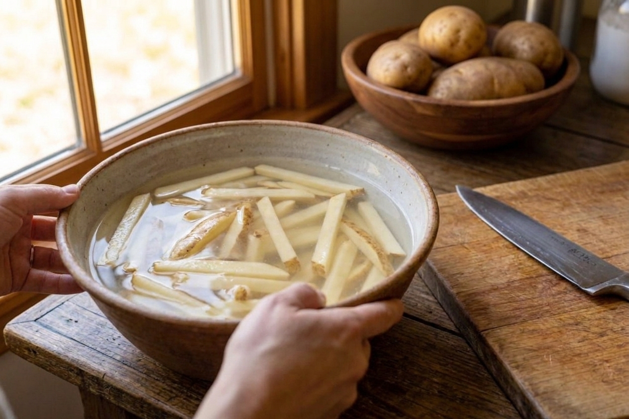 Cut potato sticks soaking in a large bowl of cold water on a kitchen counter