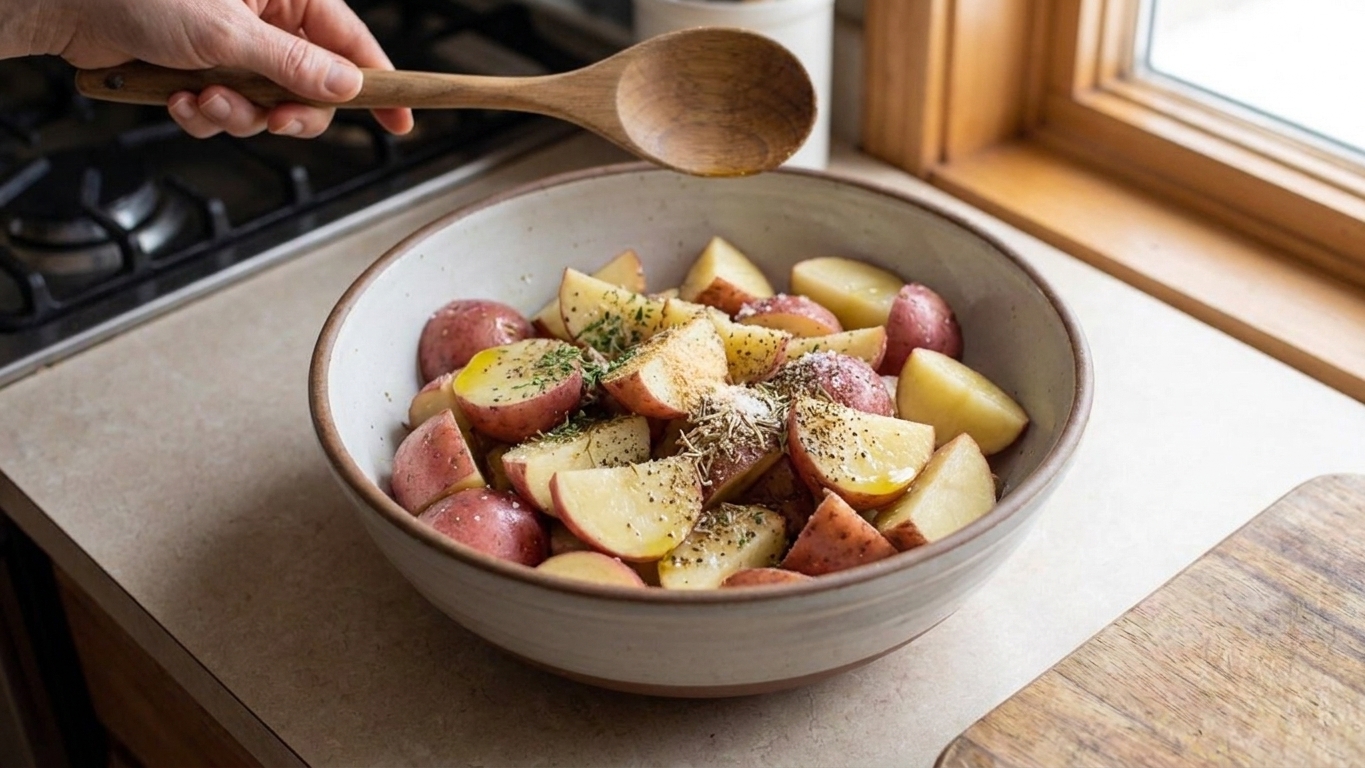 Cut red potatoes in a mixing bowl with olive oil and seasonings ready to be tossed before roasting