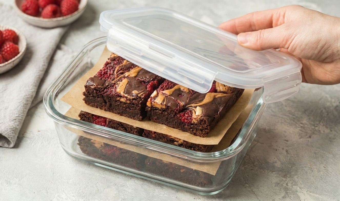 Cut vegan brownie squares stored in an airtight container with parchment between layers on a kitchen counter