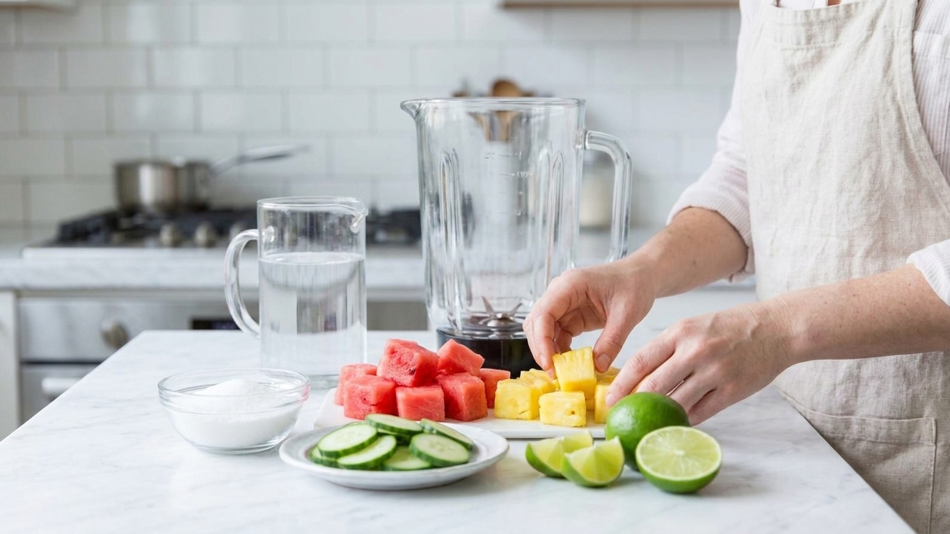 Cut watermelon, pineapple chunks, sliced cucumber, limes, sugar, and a pitcher of water arranged on a home kitchen counter with a blender behind them