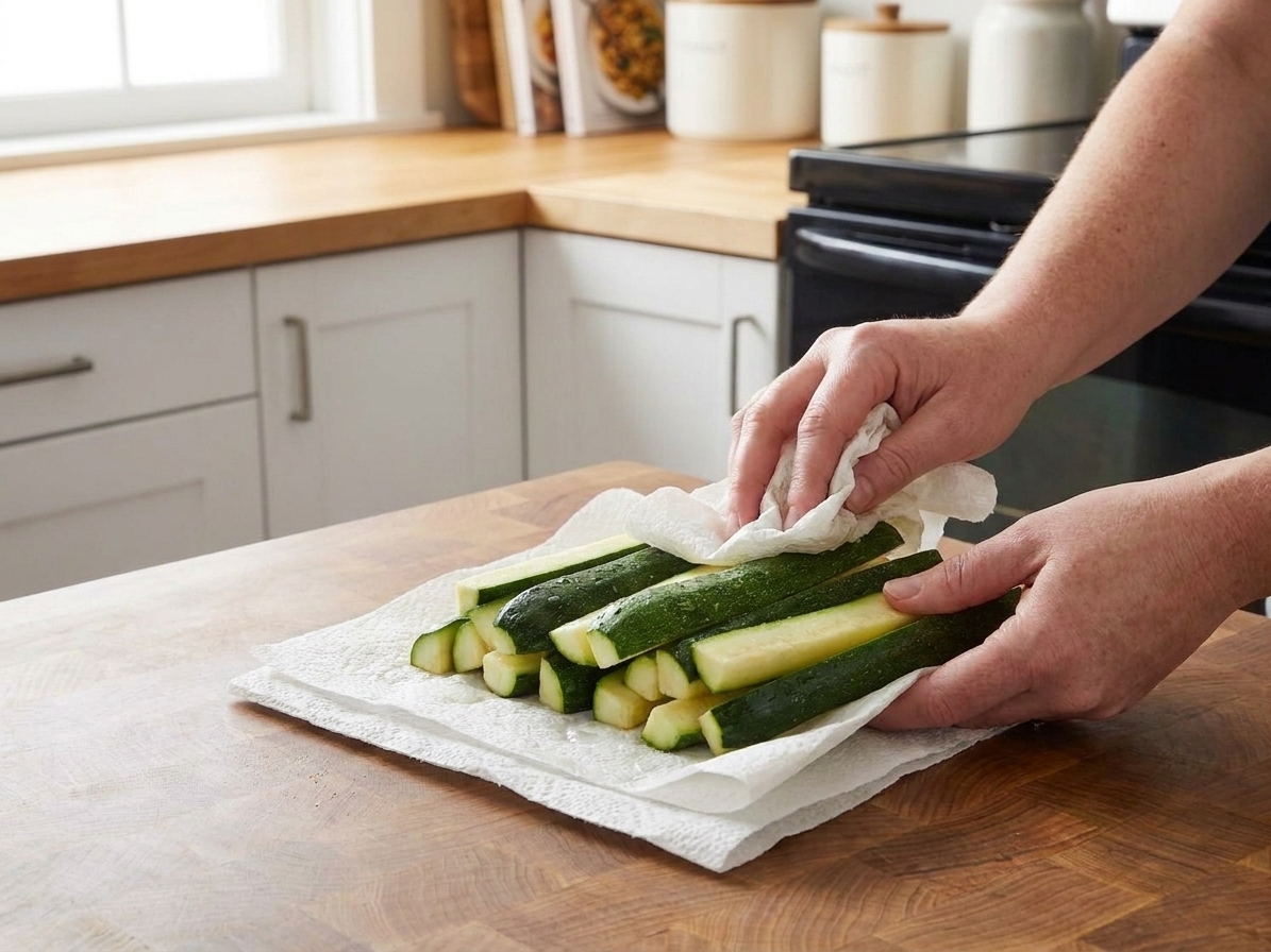 Cut zucchini sticks being patted dry with paper towels on a kitchen counter