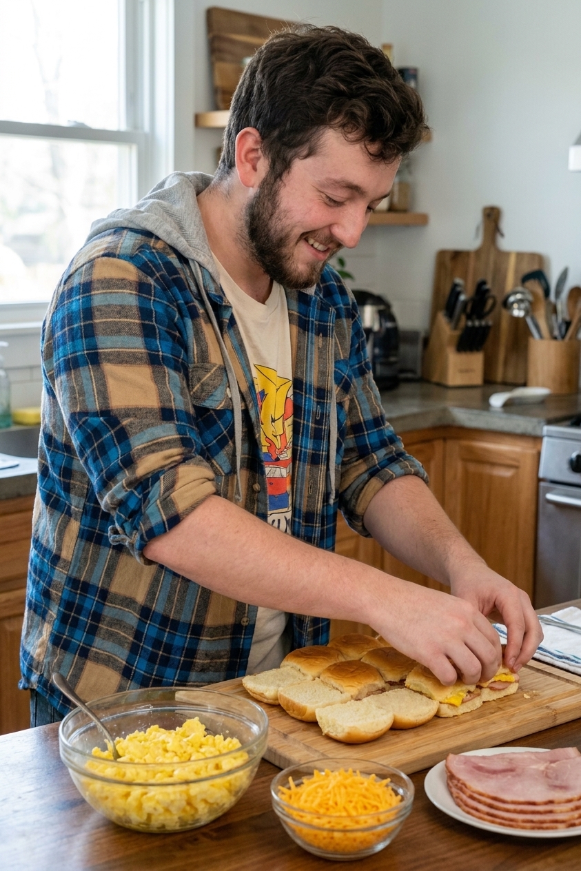 Cutting board with sliced Hawaiian sweet rolls, a bowl of scrambled eggs, shredded cheddar, and sliced ham ready for assembling breakfast sliders on a kitchen counter