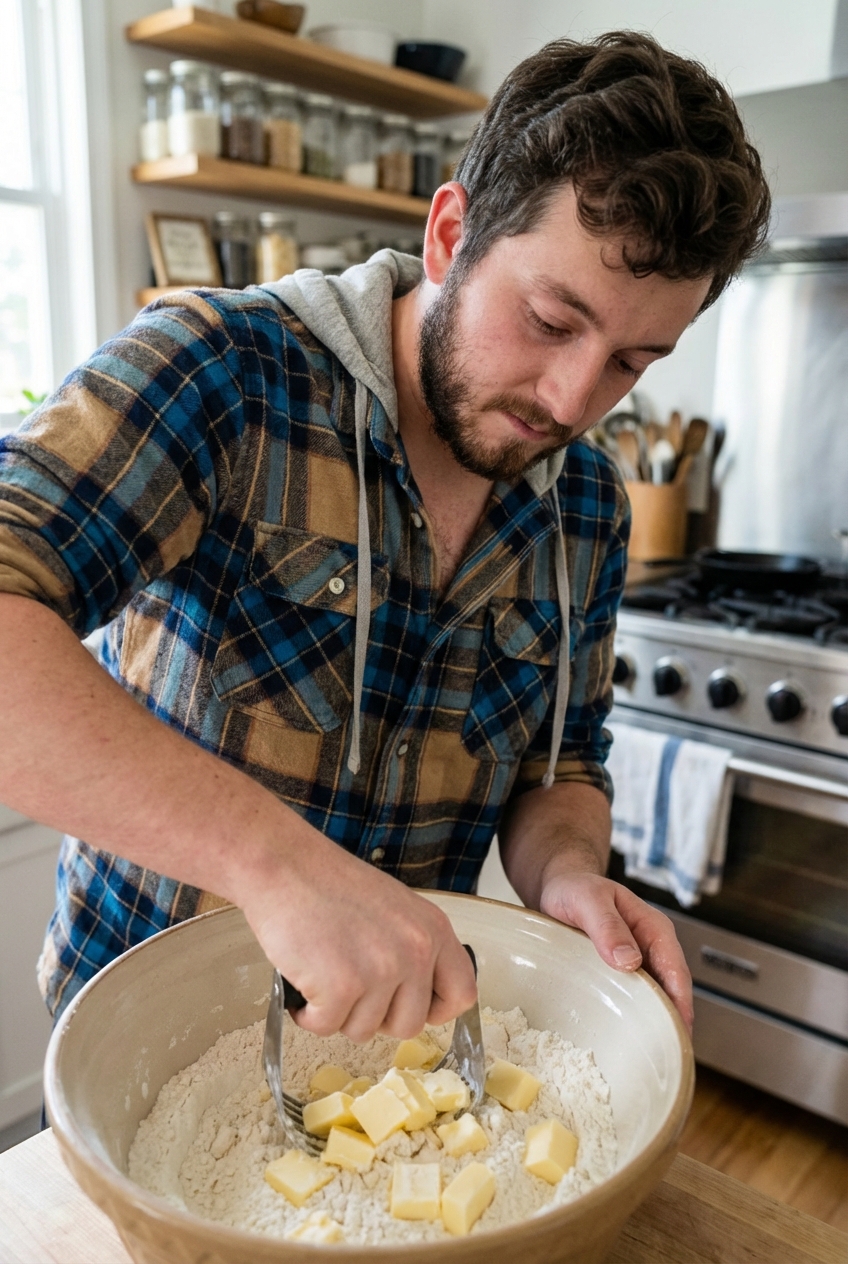 Cutting cold butter into flour with a pastry cutter in a mixing bowl