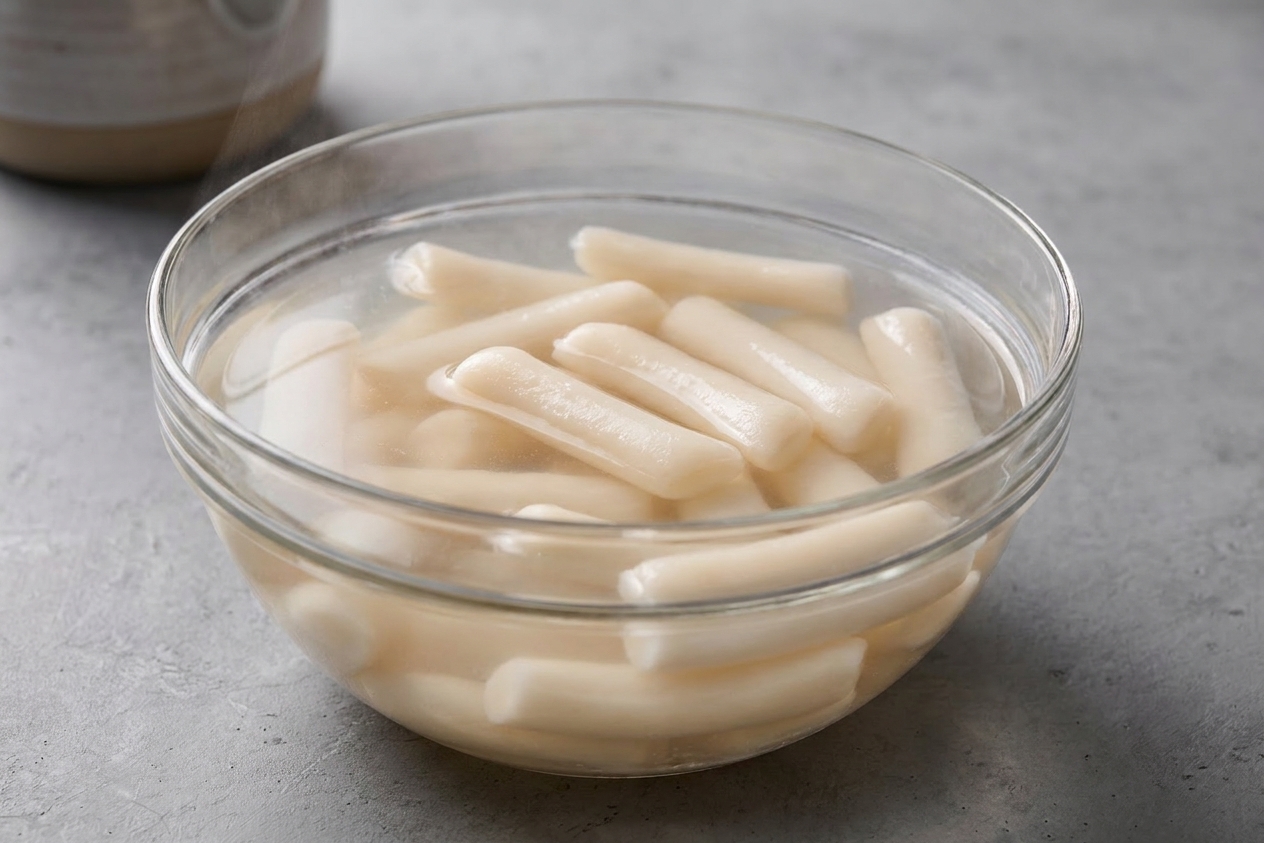 Cylinder Korean rice cakes soaking in warm water in a clear bowl on a kitchen counter