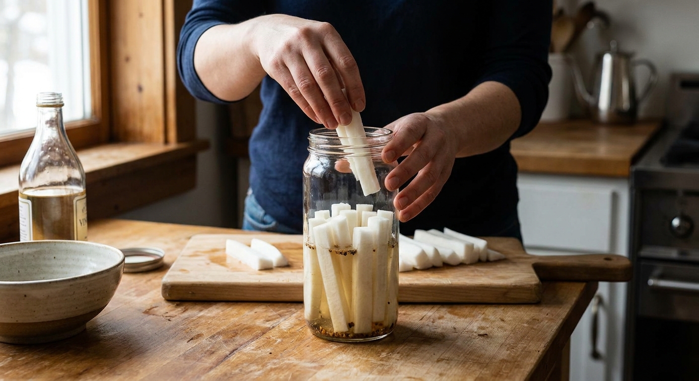 Daikon radish cut into uniform sticks being packed into a clear glass jar on a kitchen counter