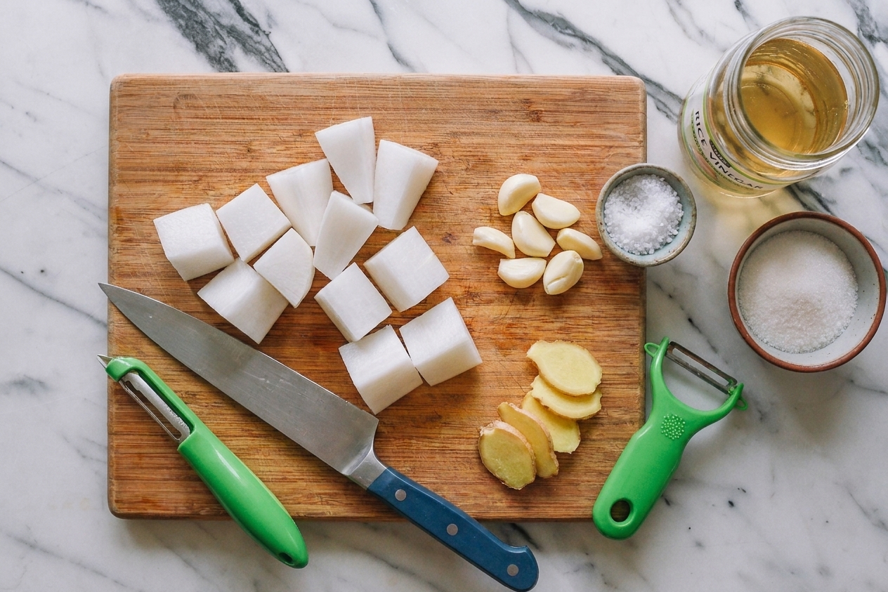 Daikon radish, rice vinegar, salt, sugar, garlic, and ginger arranged on a kitchen counter ready for pickling