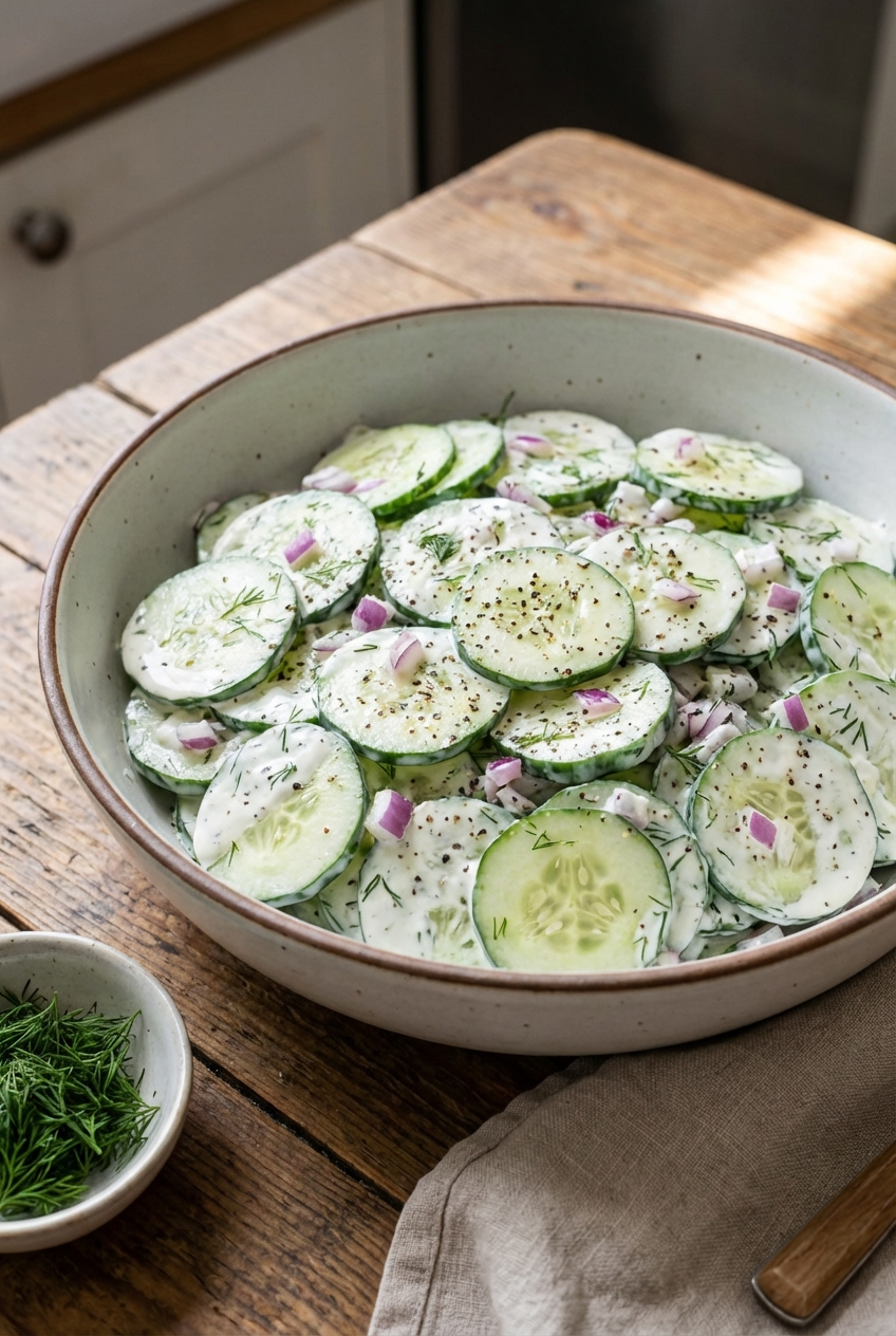 Dairy-free creamy cucumber salad in a serving bowl