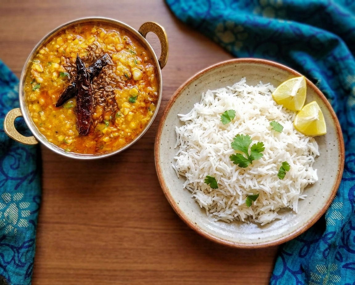 Dal tadka served in a bowl next to a plate of steamed basmati rice, with cilantro and lemon wedges on a simple dinner table
