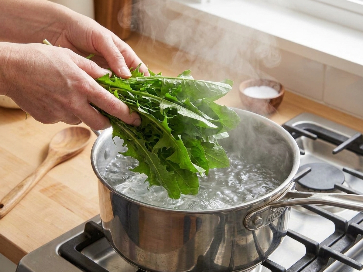 Dandelion greens being lowered into a pot of boiling water on a stovetop with steam rising