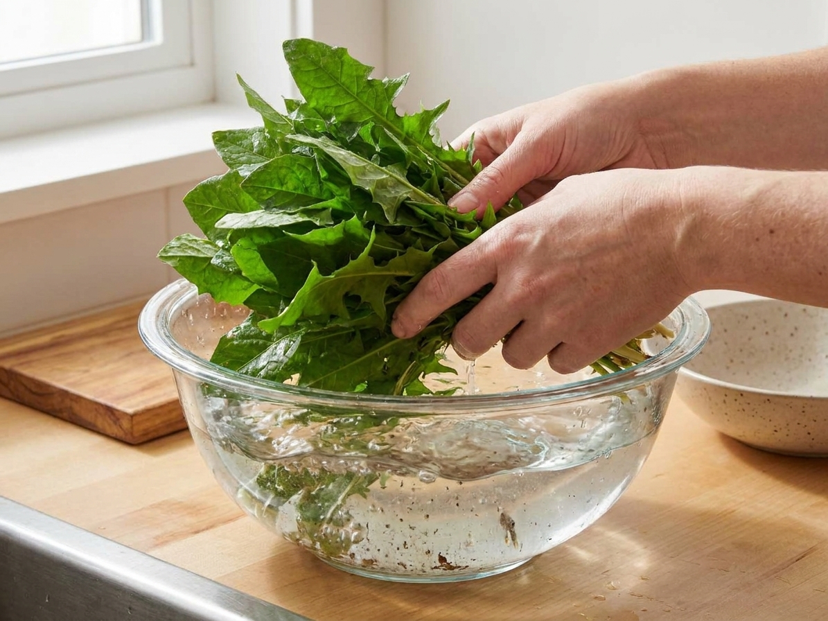 Dandelion greens being swished in a large bowl of water on a kitchen counter to rinse away grit