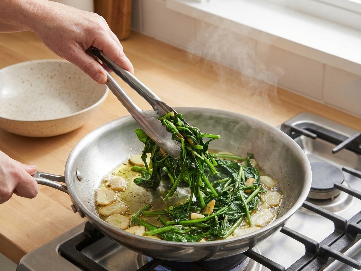 Dandelion greens being tossed in a skillet with garlic using tongs during sautéing
