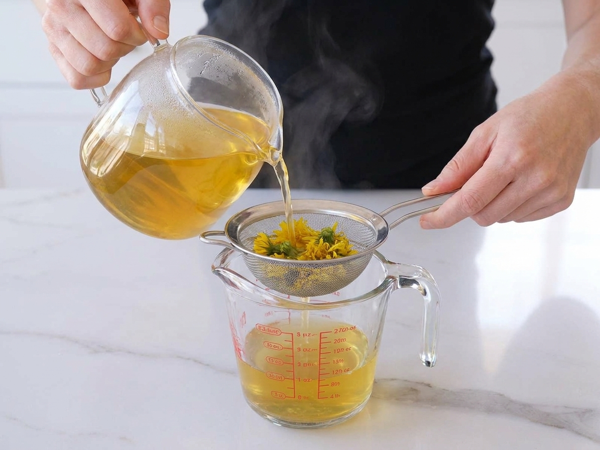 Dandelion petal tea being poured through a fine-mesh strainer into a glass measuring pitcher on a kitchen counter