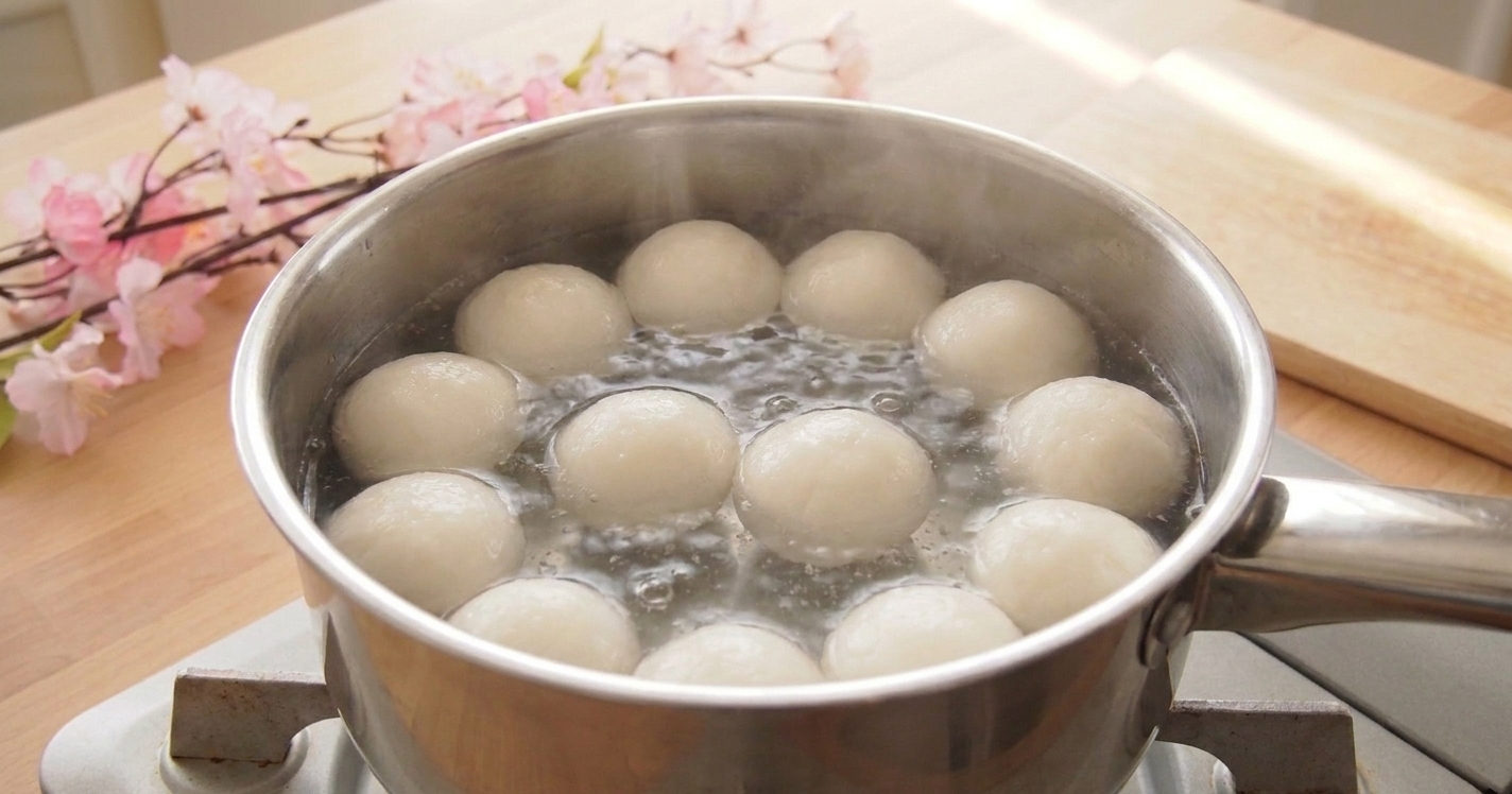 Dango balls floating at the surface of simmering water in a saucepan