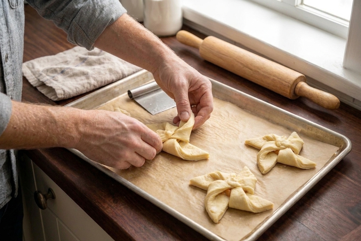 Danish pastry dough being shaped into a pinwheel on parchment paper on a baking sheet