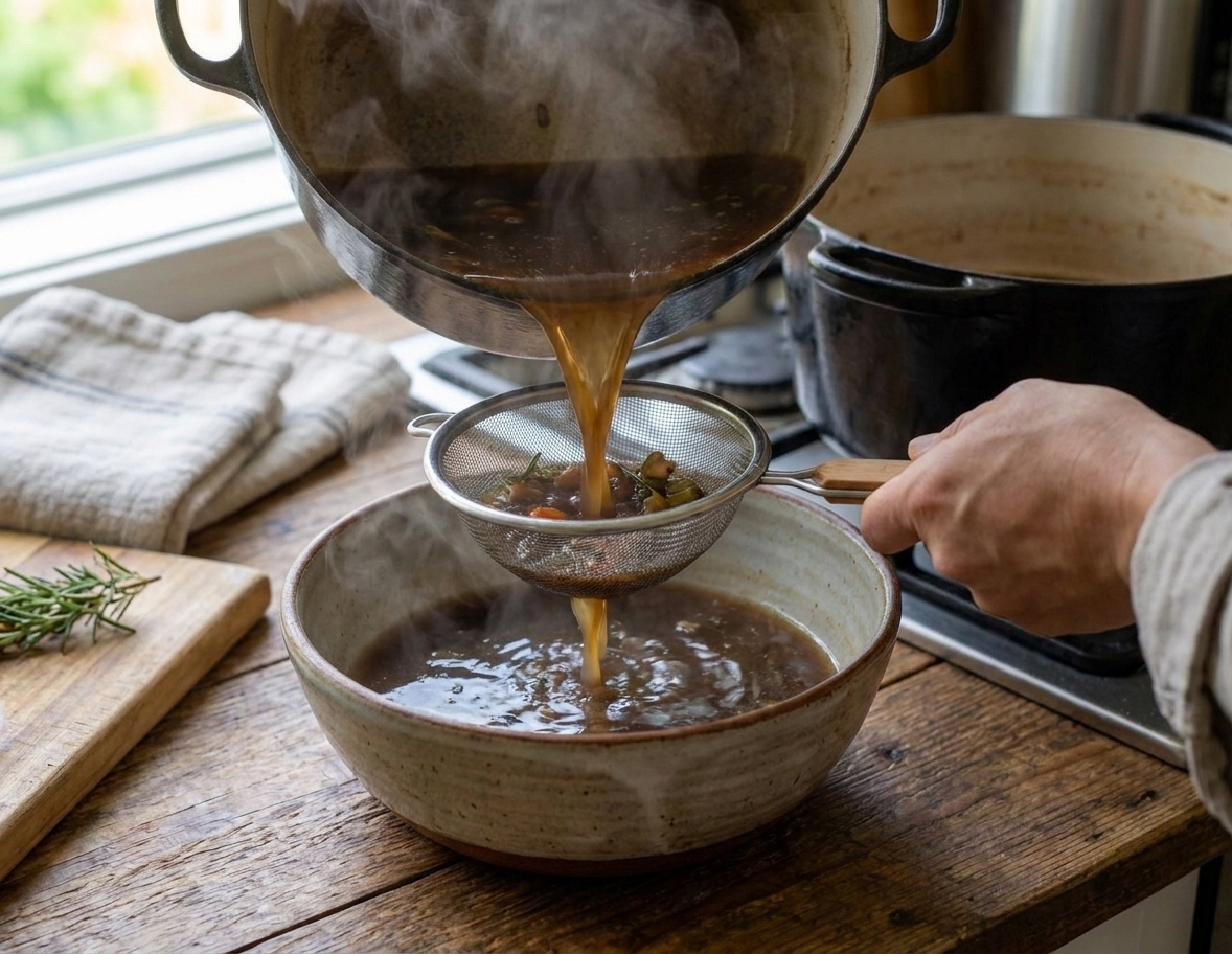 Dark beef stock being poured through a fine mesh strainer into a large bowl on a kitchen counter