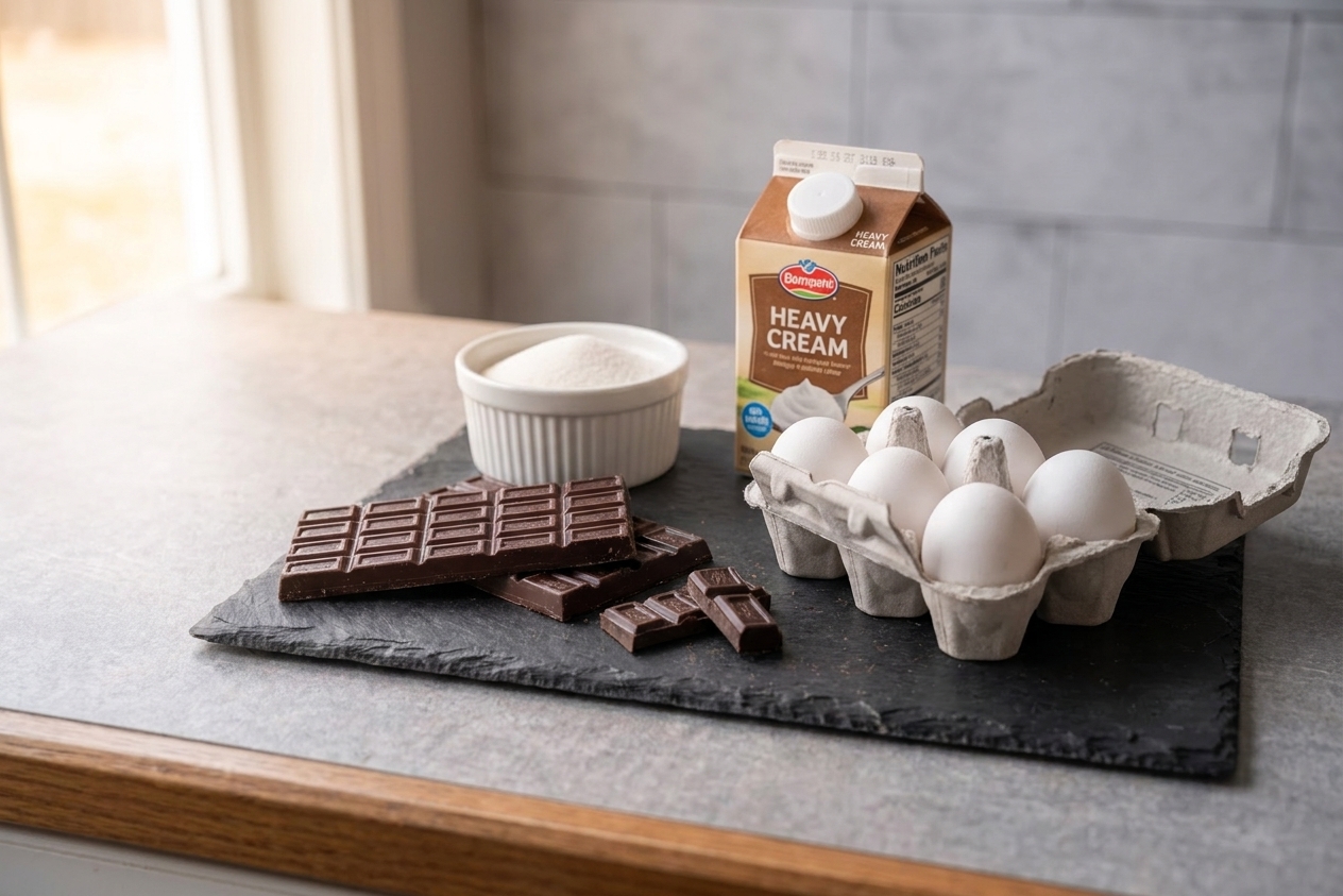 Dark chocolate bars, eggs, a small bowl of sugar, and a carton of heavy cream arranged on a clean kitchen counter under soft warm lighting
