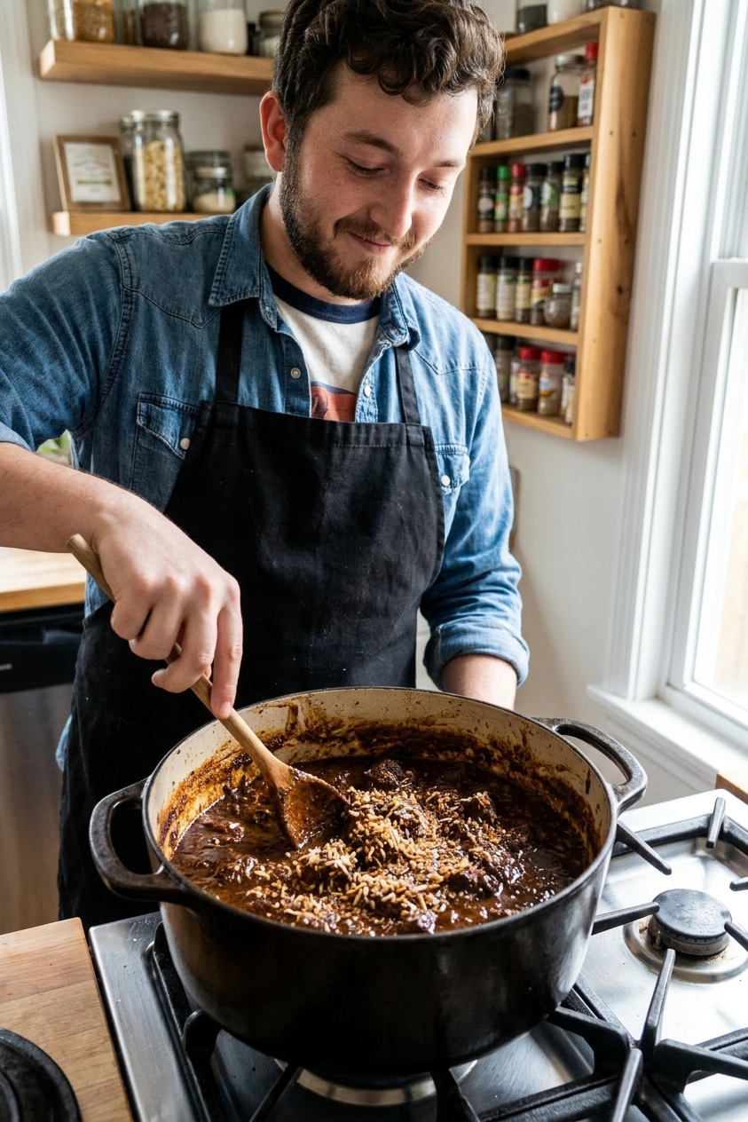 Dark, glossy beef rendang in a Dutch oven on a stovetop with toasted coconut flecks and a wooden spoon resting in the pot