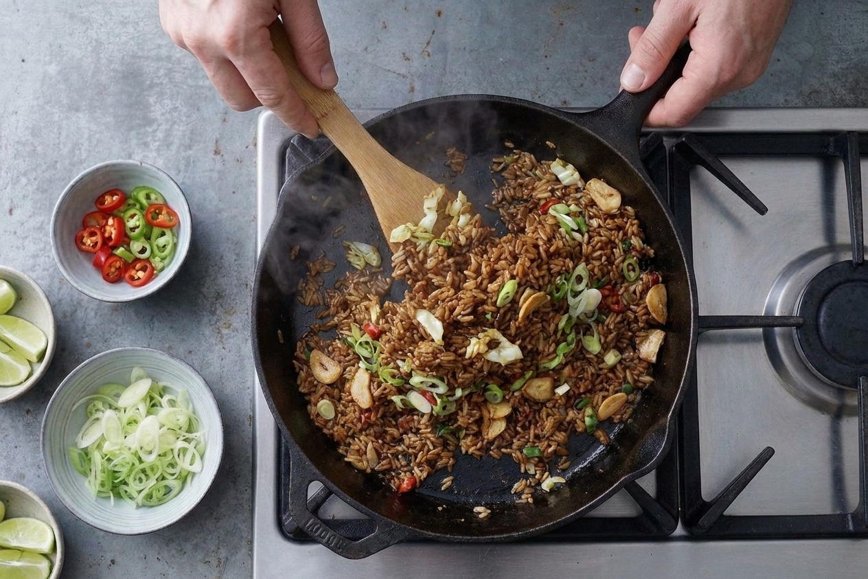 Dark glossy nasi goreng rice being tossed in a large skillet with visible scallions and bits of cabbage