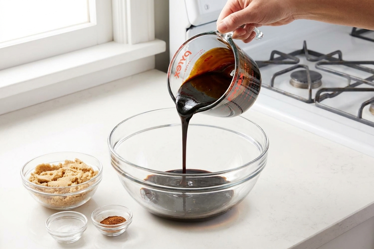 Dark molasses being poured from a measuring cup into a mixing bowl on a kitchen counter, with brown sugar and spices nearby