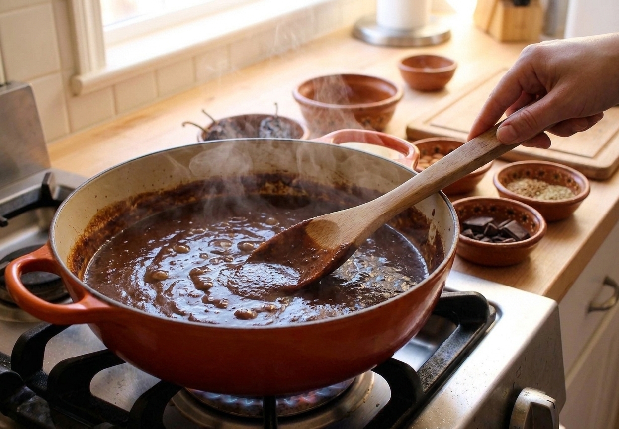 Dark mole sauce gently bubbling in a Dutch oven with a wooden spoon stirring, steam rising in a cozy kitchen