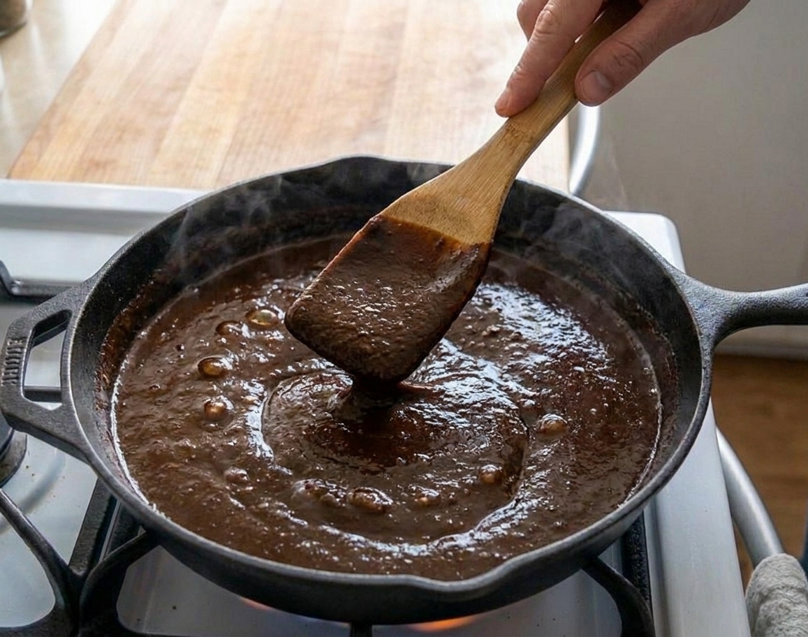 Dark mole sauce simmering in a pot on the stove with a wooden spoon stirring, showing a glossy thick texture