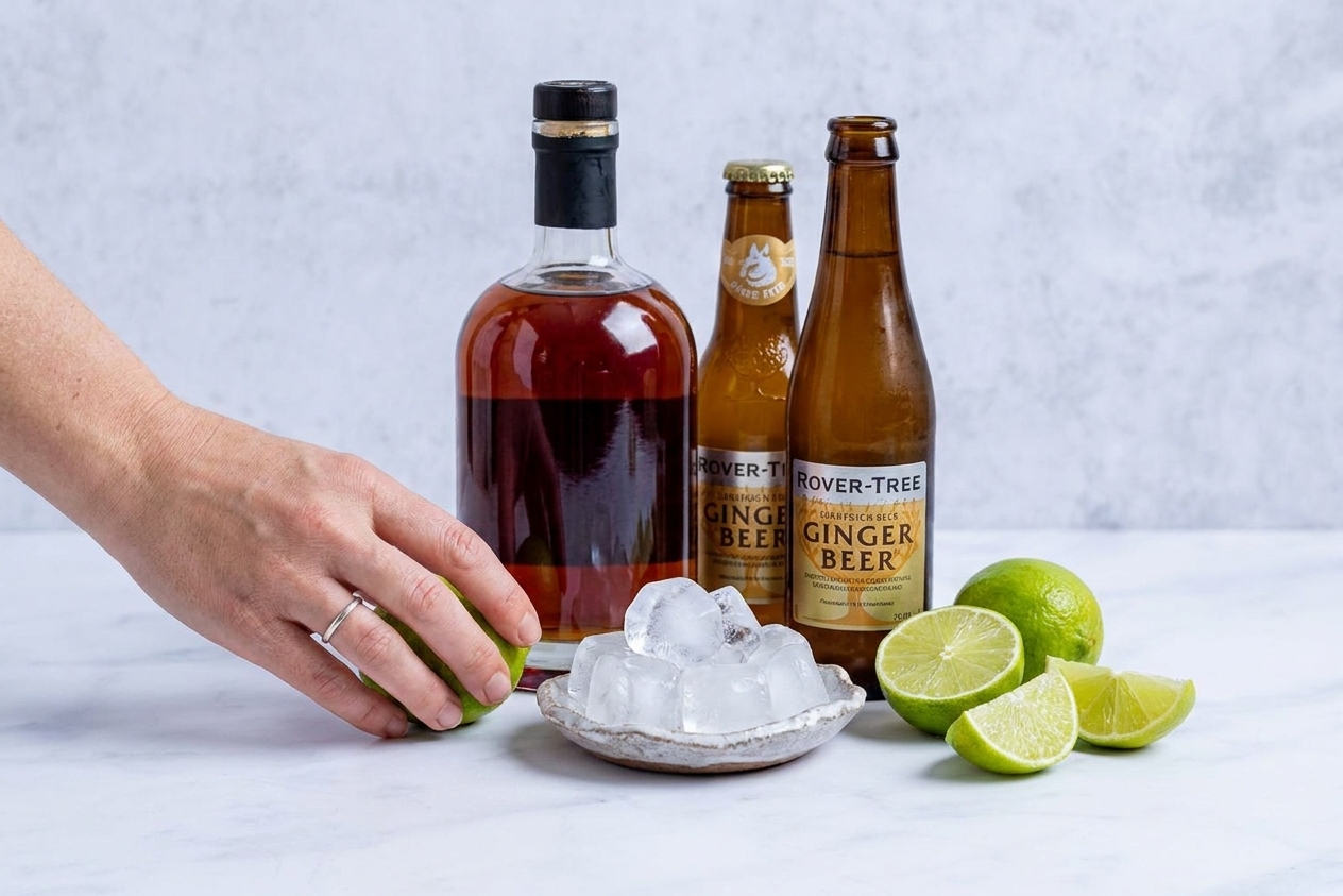 Dark rum, a bottle of ginger beer, halved limes, and a small dish of ice on a bright kitchen counter